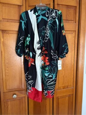 Zara Floral Print Black Kimono-Style Jacket with Red & Teal Accents